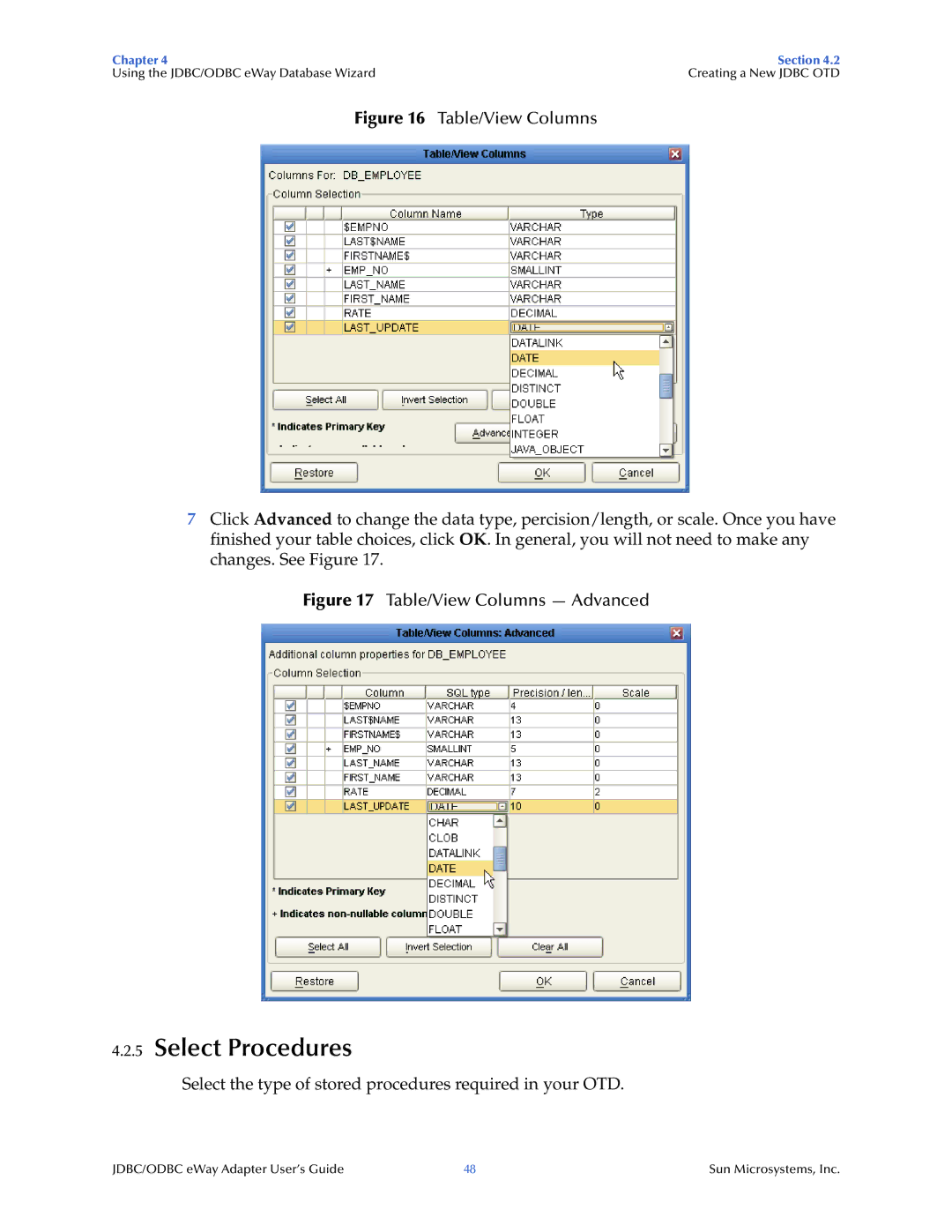 Sun Microsystems JDBC/ODBC Adapter manual Select Procedures, Table/View Columns 