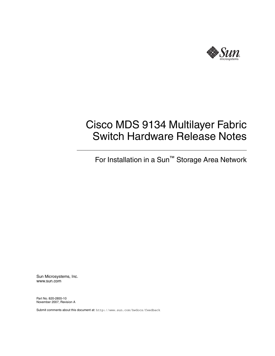 Sun Microsystems manual Cisco MDS 9134 Multilayer Fabric Switch Hardware Release Notes, Sun Microsystems, Inc 