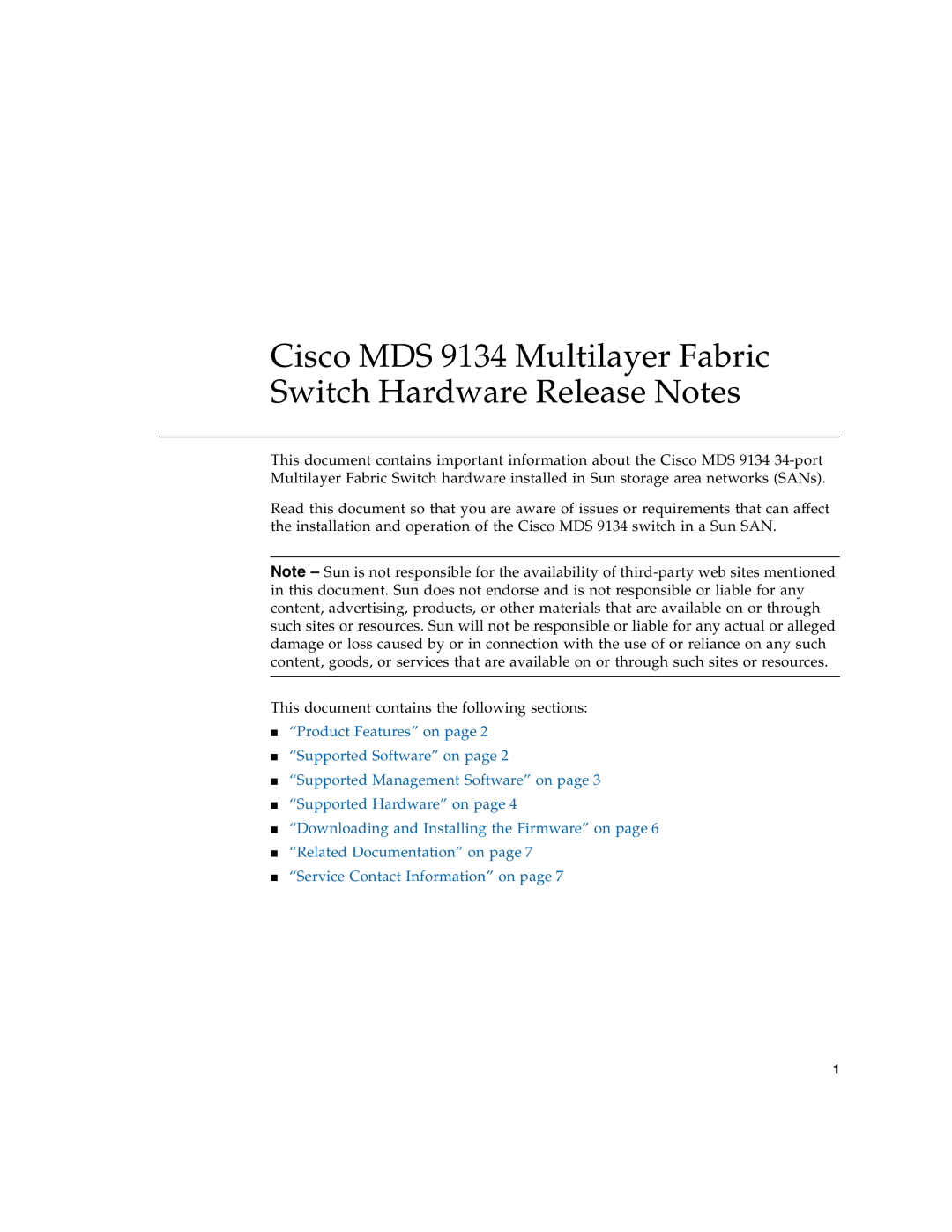 Sun Microsystems manual Cisco MDS 9134 Multilayer Fabric Switch Hardware Release Notes 