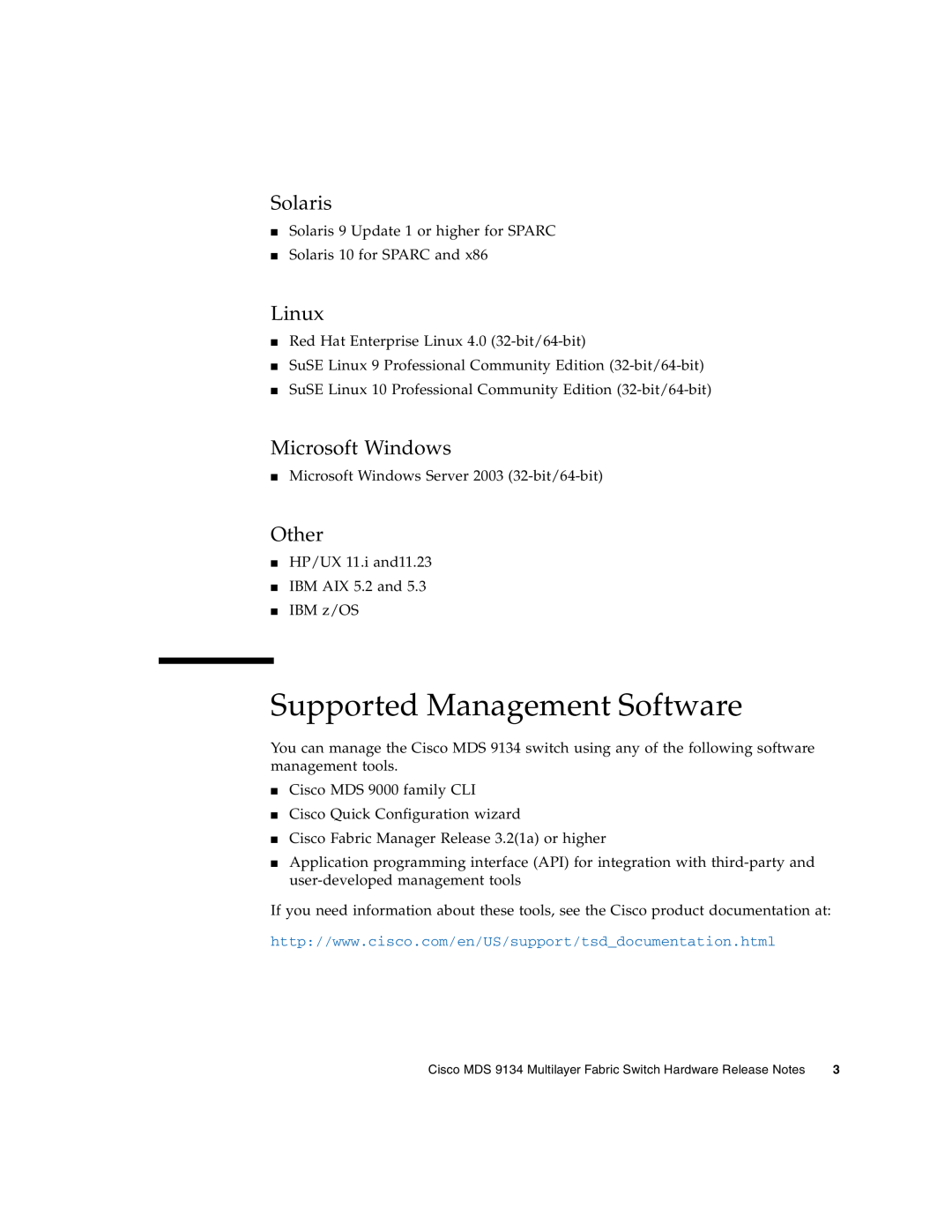 Sun Microsystems MDS 9134 manual Supported Management Software, Solaris, Linux, Microsoft Windows, Other 