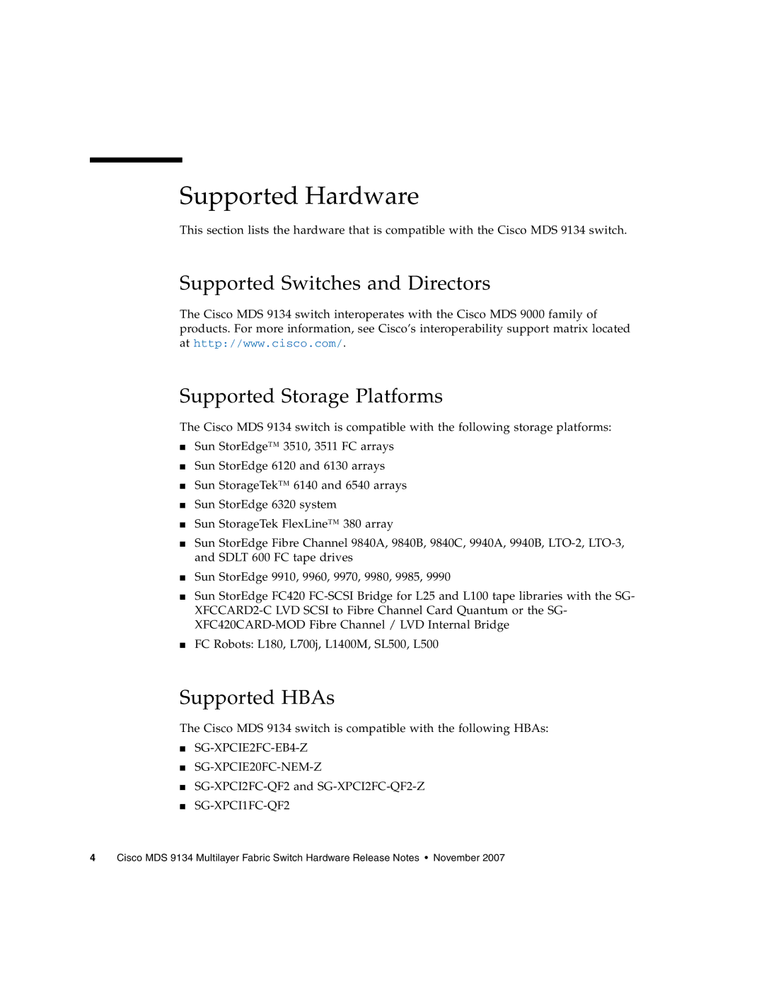 Sun Microsystems MDS 9134 manual Supported Hardware, Supported HBAs 