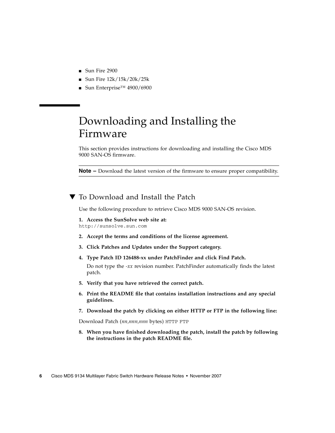 Sun Microsystems MDS 9134 manual Downloading and Installing the Firmware, To Download and Install the Patch 