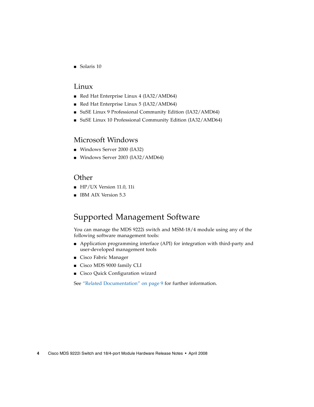 Sun Microsystems MDS 9222i manual Supported Management Software, Linux, Microsoft Windows, Other 
