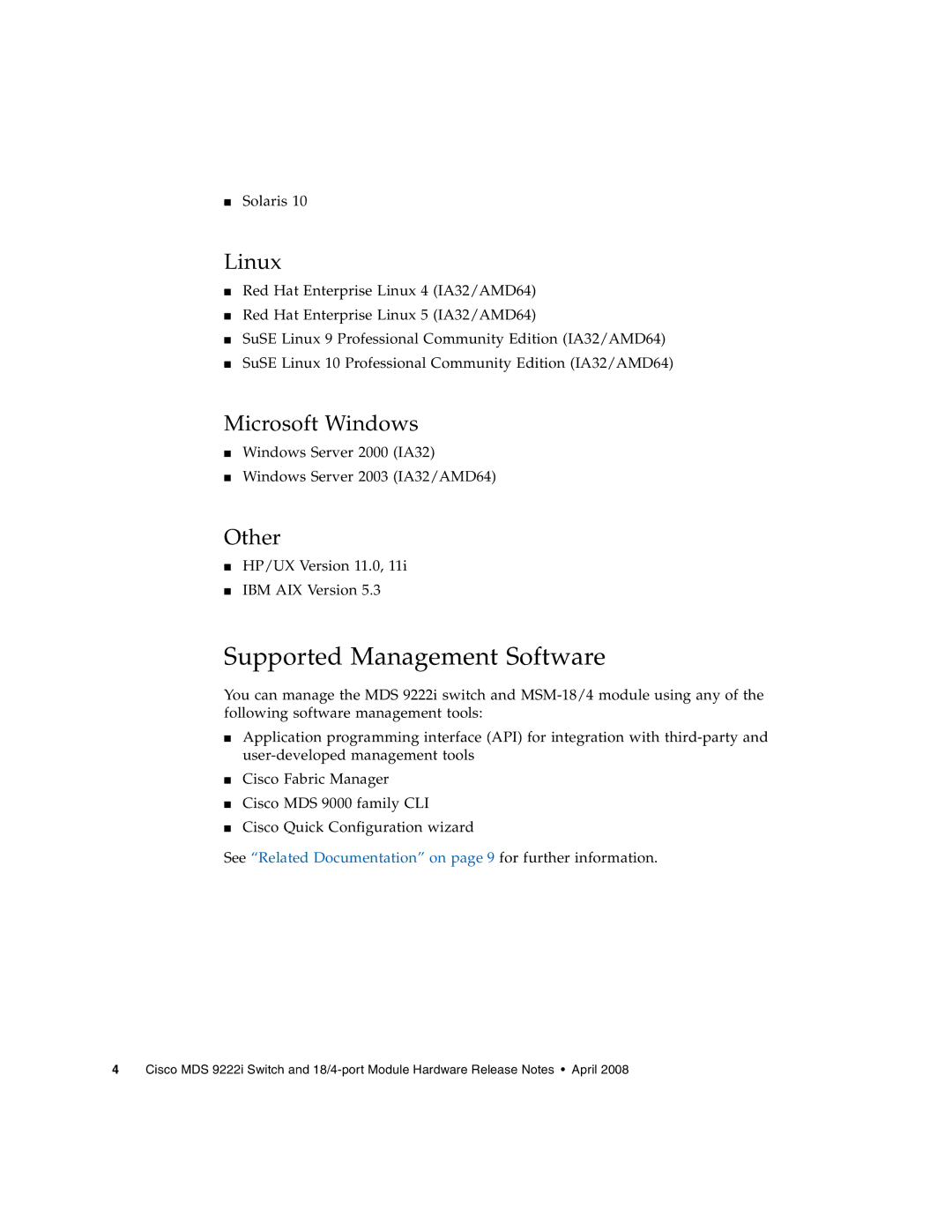 Sun Microsystems MDS 9222i manual Supported Management Software, Linux, Microsoft Windows, Other 