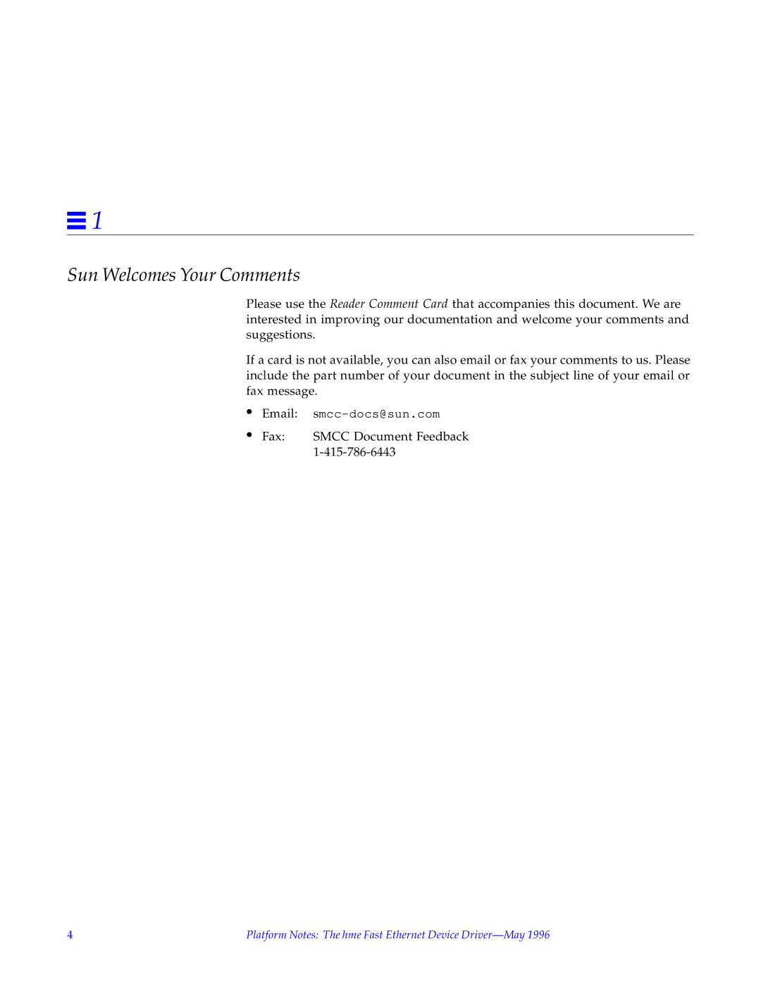 Sun Microsystems none manual Sun Welcomes Your Comments 