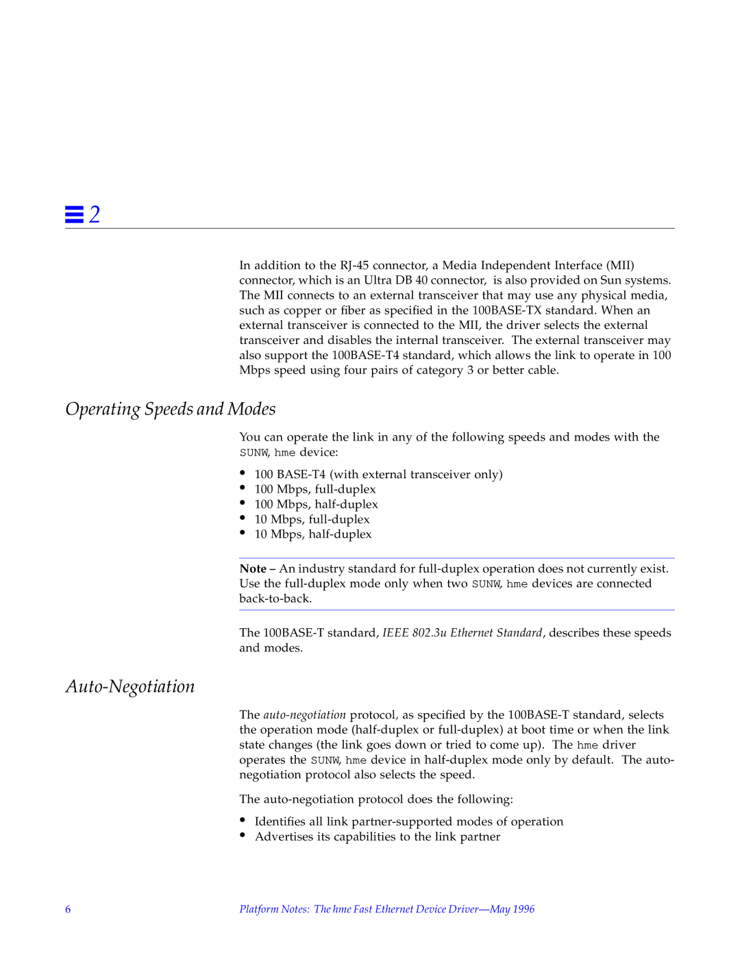 Sun Microsystems none manual Operating Speeds and Modes, Auto-Negotiation 