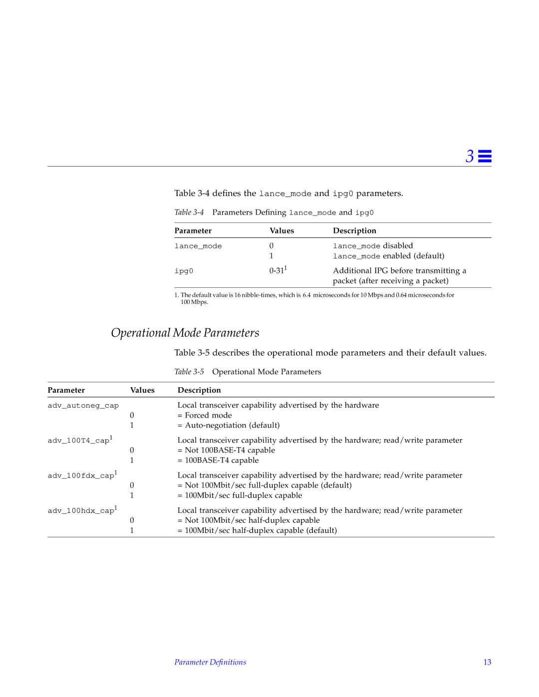 Sun Microsystems none manual Operational Mode Parameters, Deﬁnes the lancemode and ipg0 parameters 