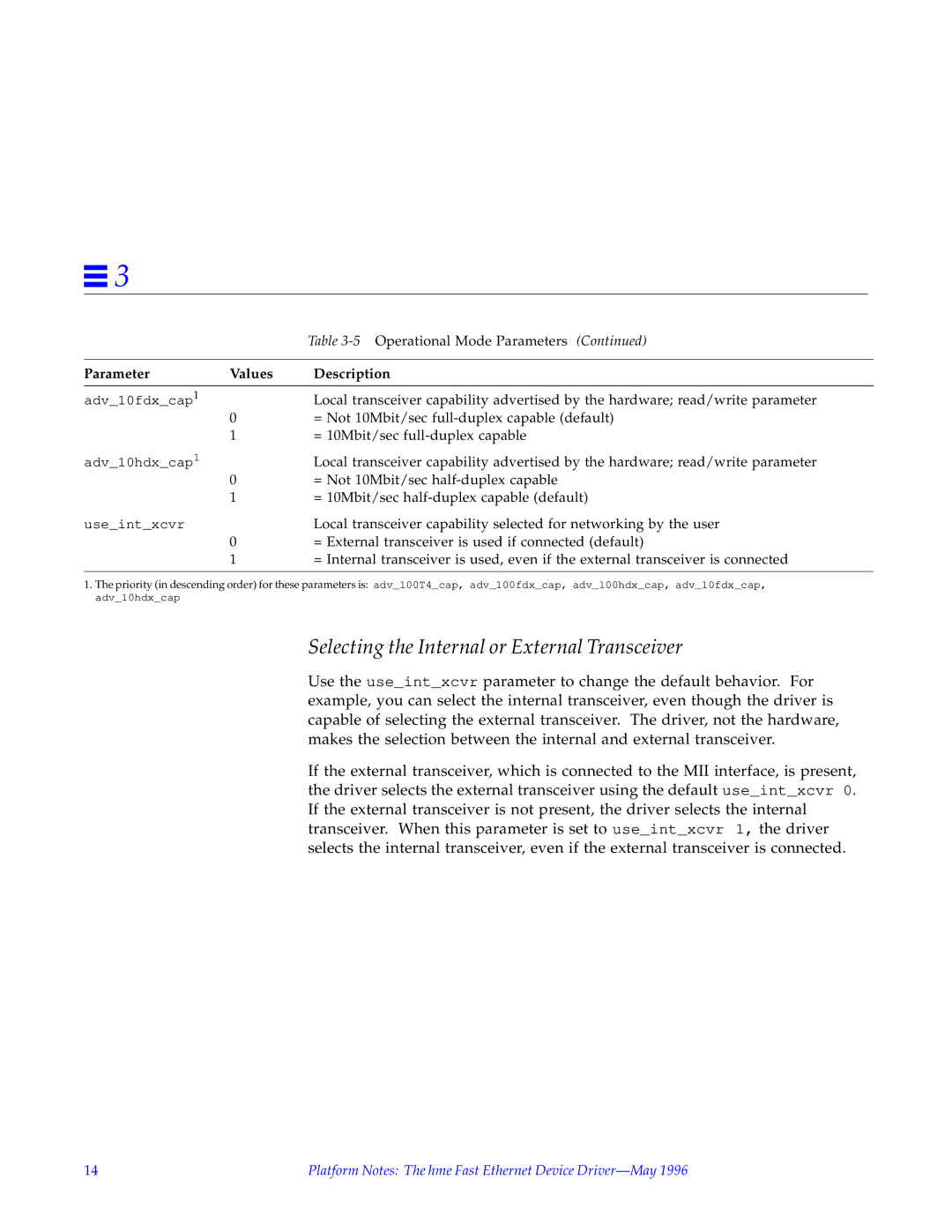 Sun Microsystems none manual Selecting the Internal or External Transceiver 