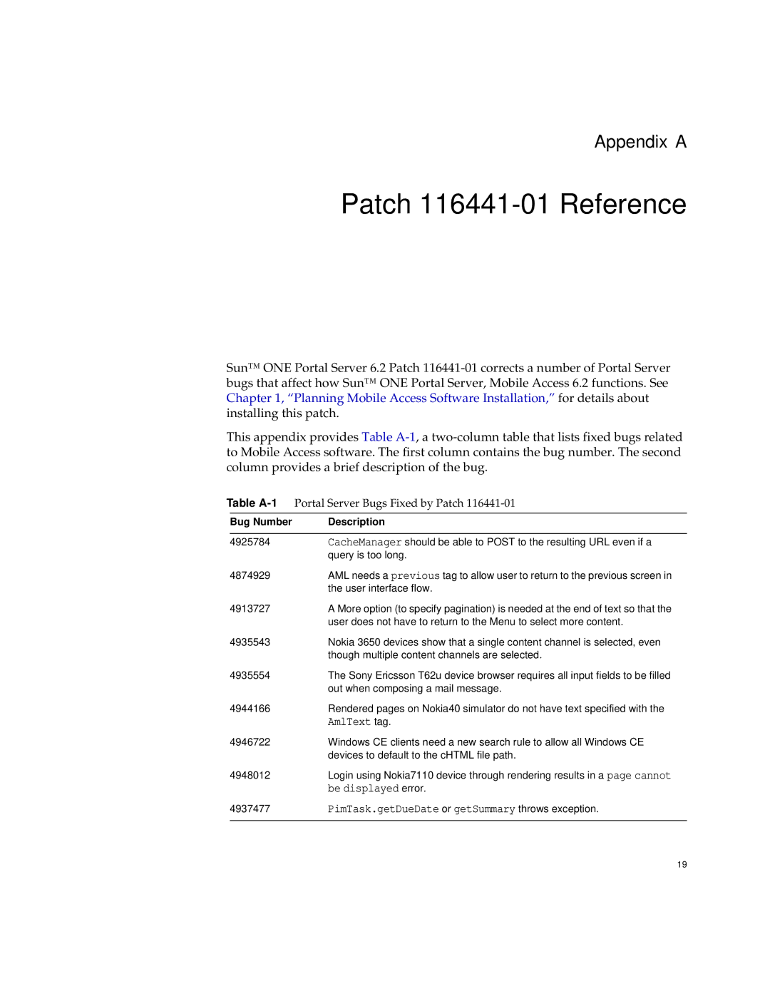 Sun Microsystems One Portal Server manual Patch 116441-01 Reference, Table A-1Portal Server Bugs Fixed by Patch 