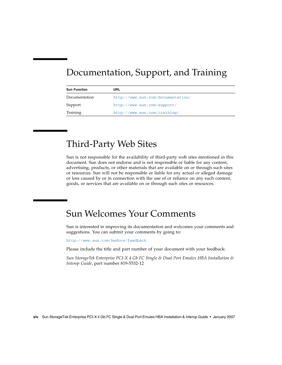 Sun Microsystems PCI-X manual Documentation, Support, and Training, Third-Party Web Sites, Sun Welcomes Your Comments 