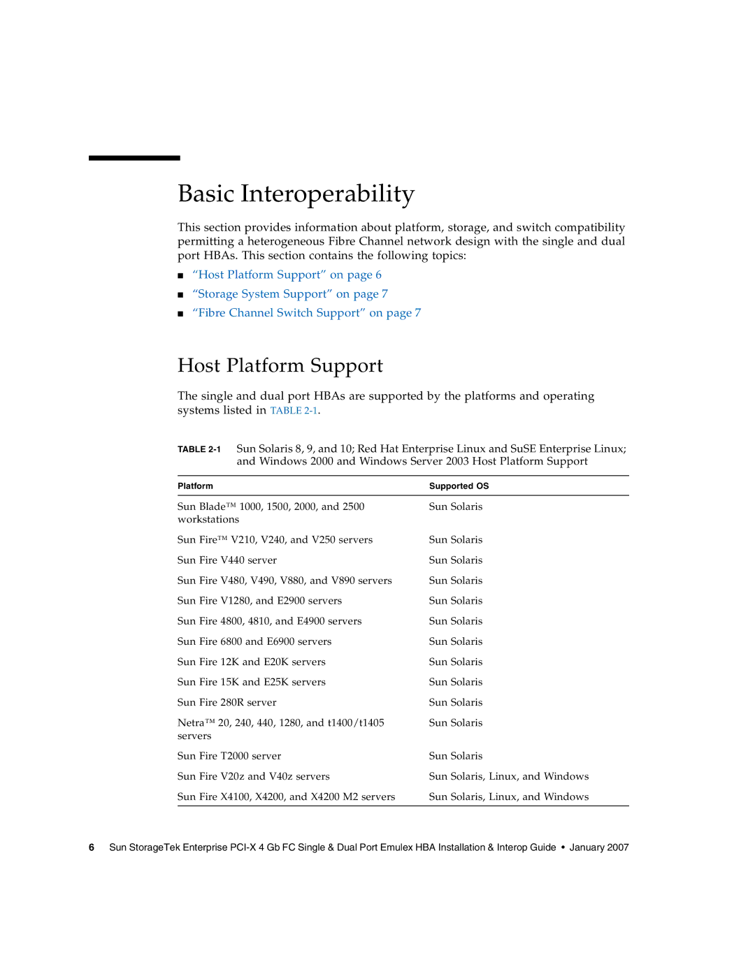 Sun Microsystems PCI-X manual Basic Interoperability, Host Platform Support 