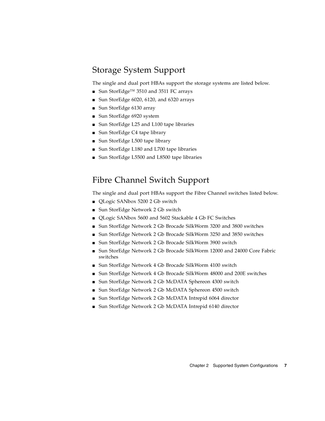 Sun Microsystems PCI-X manual Storage System Support, Fibre Channel Switch Support 