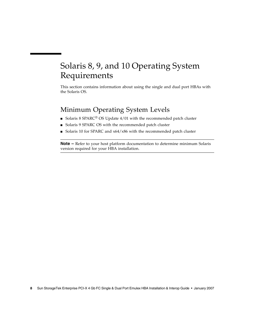 Sun Microsystems PCI-X manual Solaris 8, 9, and 10 Operating System Requirements, Minimum Operating System Levels 