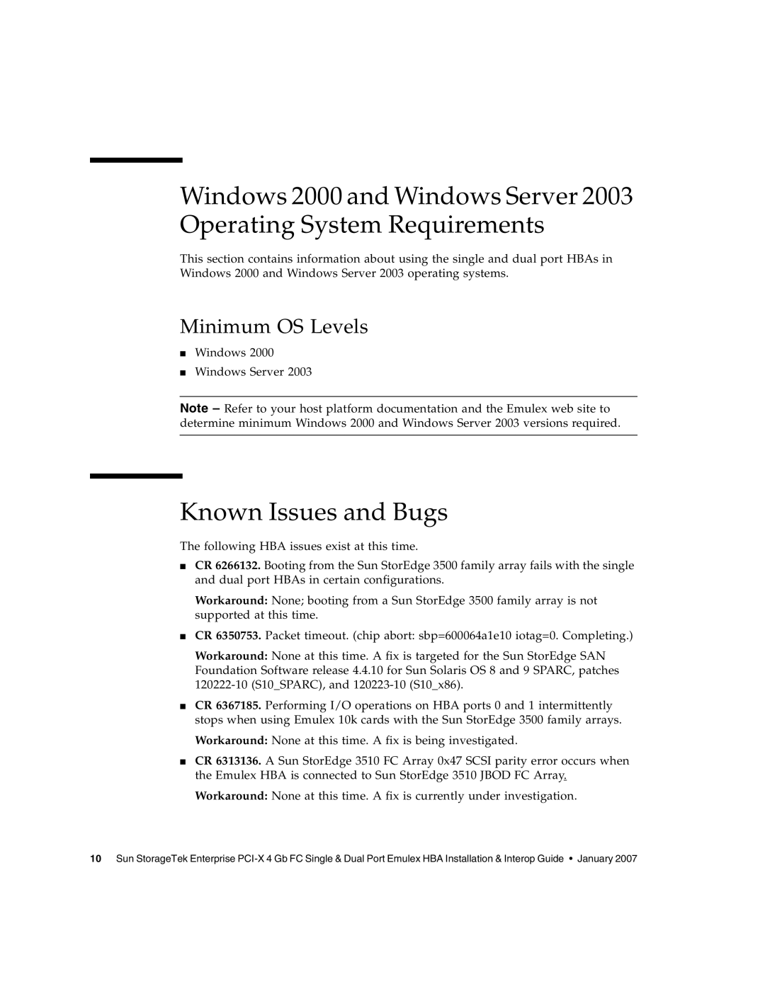 Sun Microsystems PCI-X manual Known Issues and Bugs 