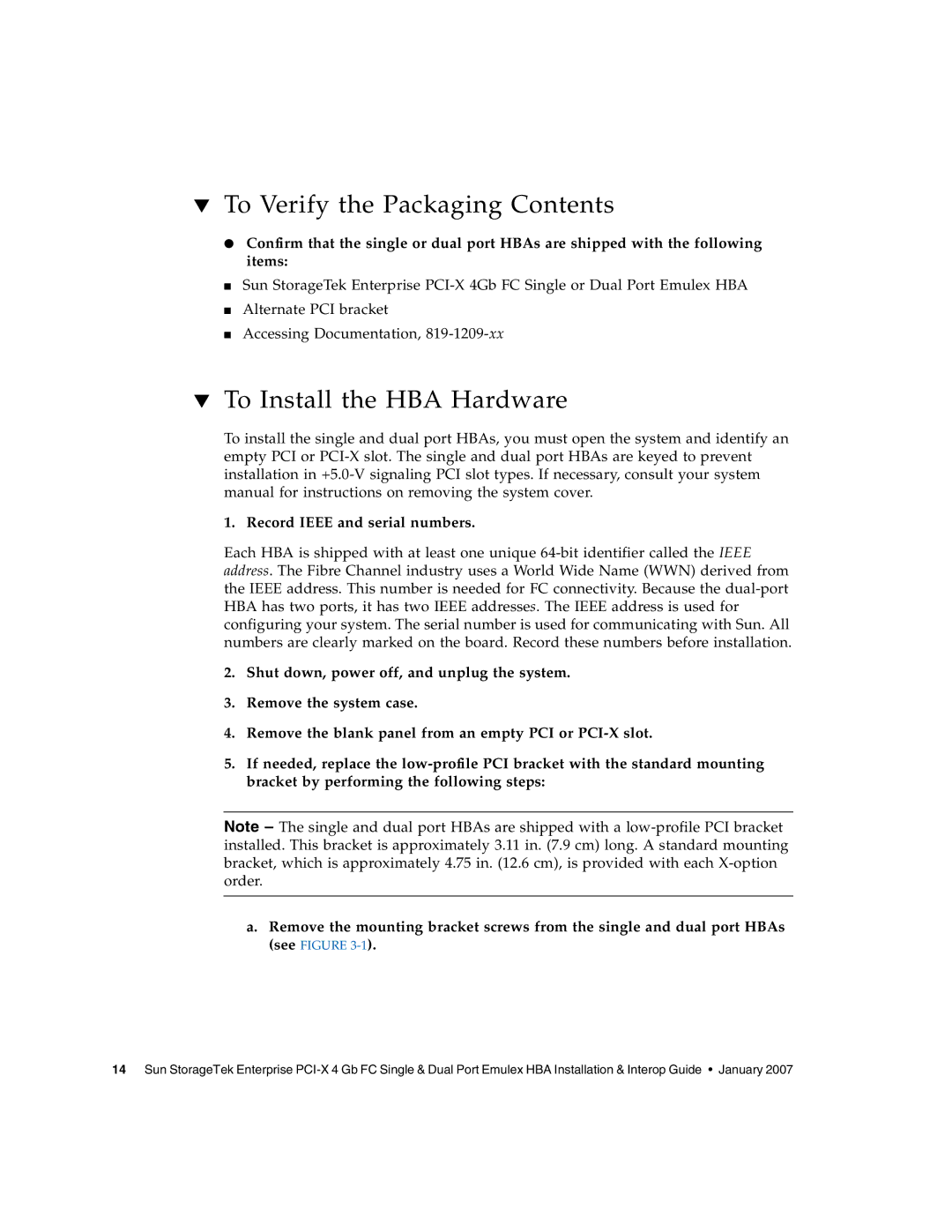 Sun Microsystems PCI-X manual To Verify the Packaging Contents, To Install the HBA Hardware 