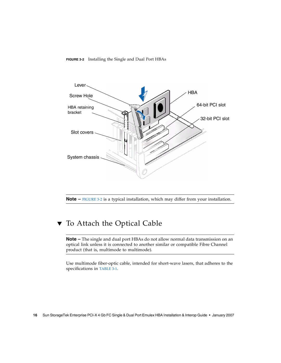 Sun Microsystems PCI-X manual To Attach the Optical Cable, 2Installing the Single and Dual Port HBAs 