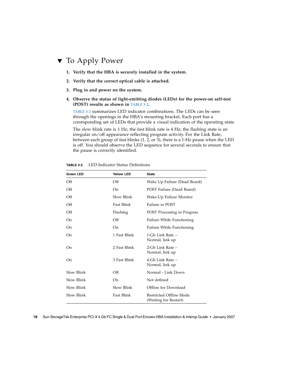 Sun Microsystems PCI-X manual To Apply Power, 2LED Indicator Status Definitions 