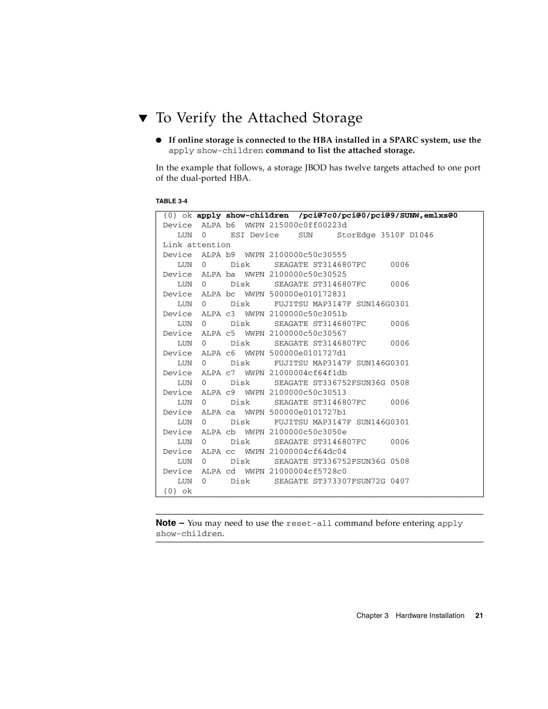 Sun Microsystems PCI-X manual To Verify the Attached Storage, Show-children Pci@7c0/pci@0/pci@9/SUNW,emlxs@0 