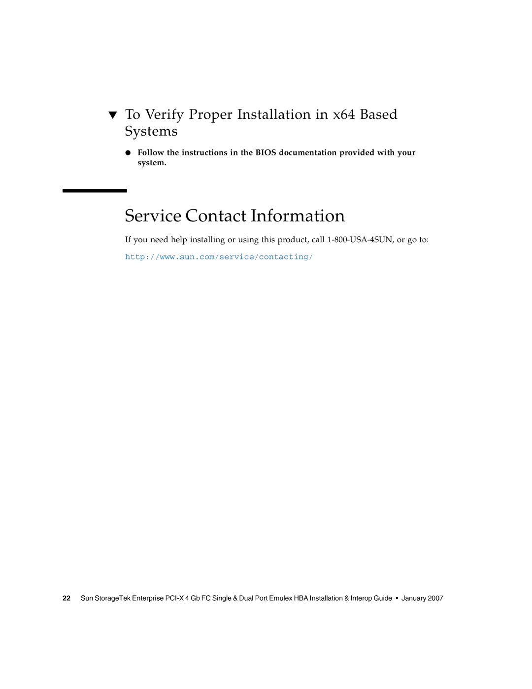 Sun Microsystems PCI-X manual Service Contact Information, To Verify Proper Installation in x64 Based Systems 