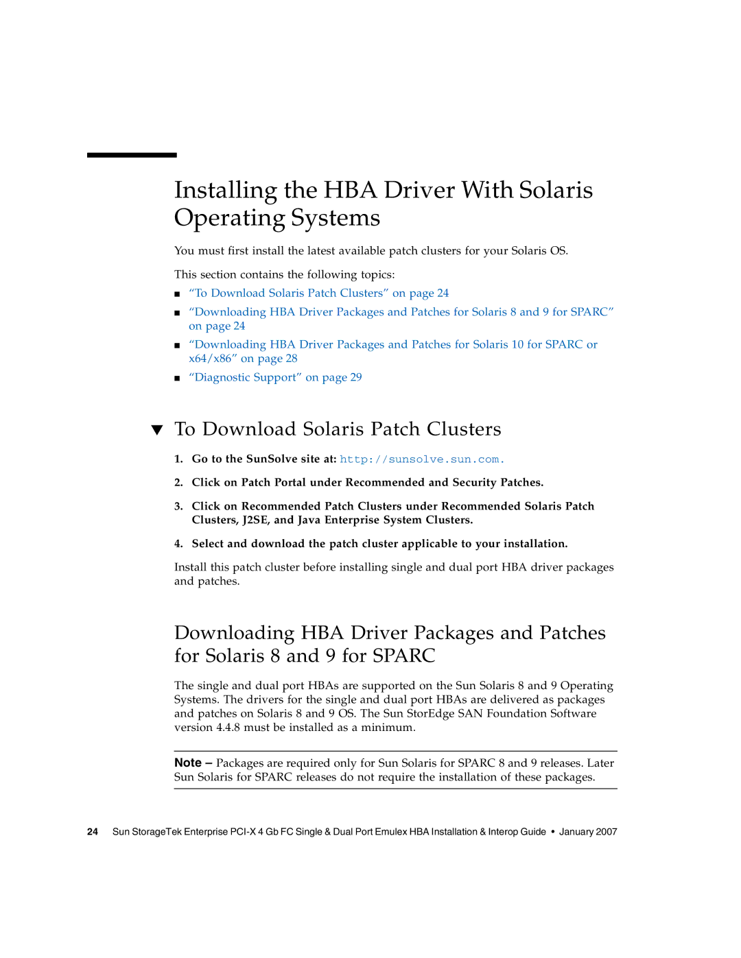 Sun Microsystems PCI-X manual Installing the HBA Driver With Solaris Operating Systems, To Download Solaris Patch Clusters 