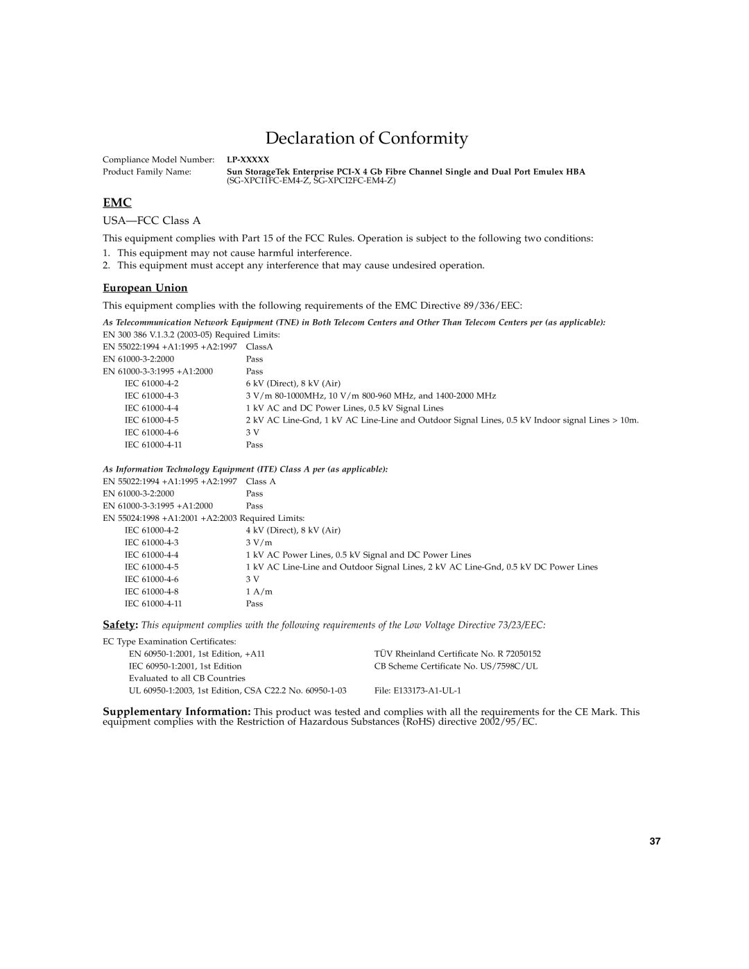 Sun Microsystems PCI-X manual Declaration of Conformity 