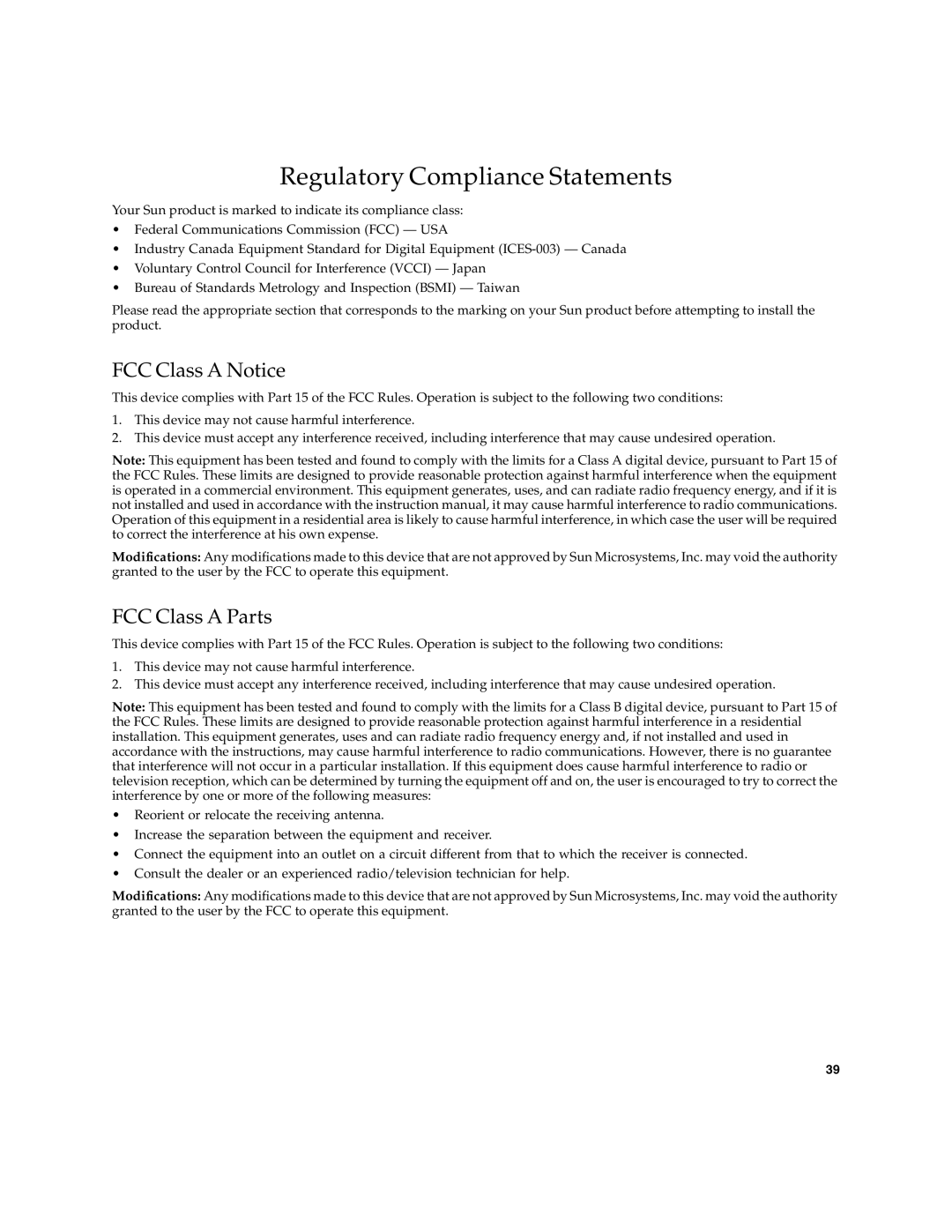 Sun Microsystems PCI-X manual Regulatory Compliance Statements, FCC Class a Notice, FCC Class a Parts 