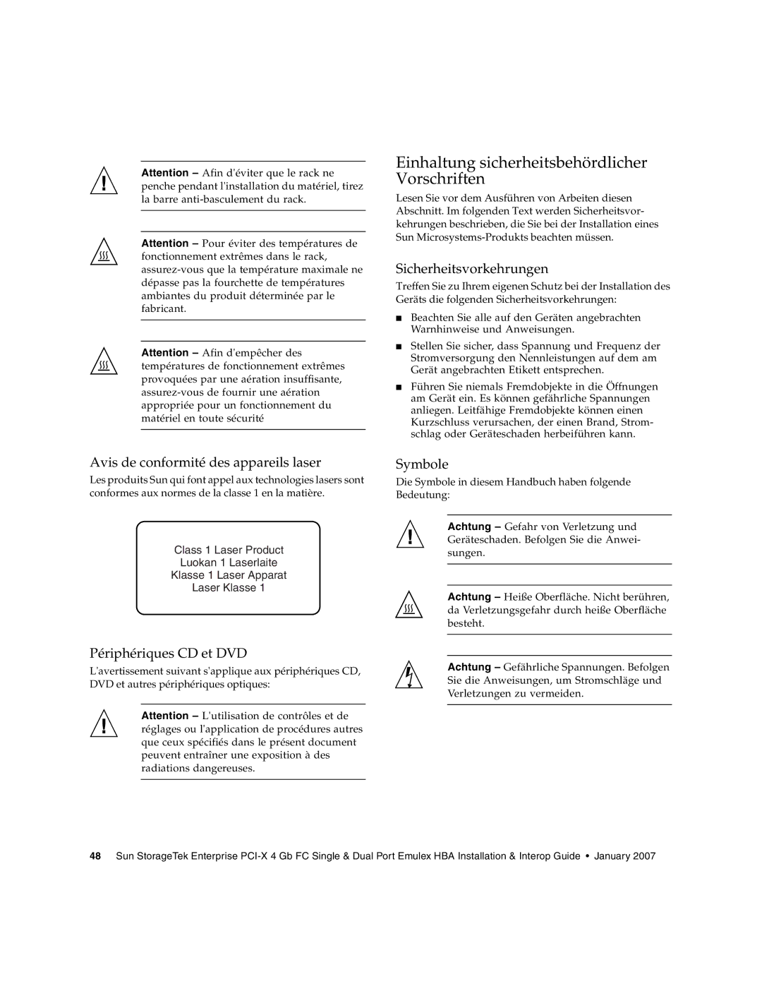 Sun Microsystems PCI-X Einhaltung sicherheitsbehördlicher Vorschriften, Avis de conformité des appareils laser, Symbole 