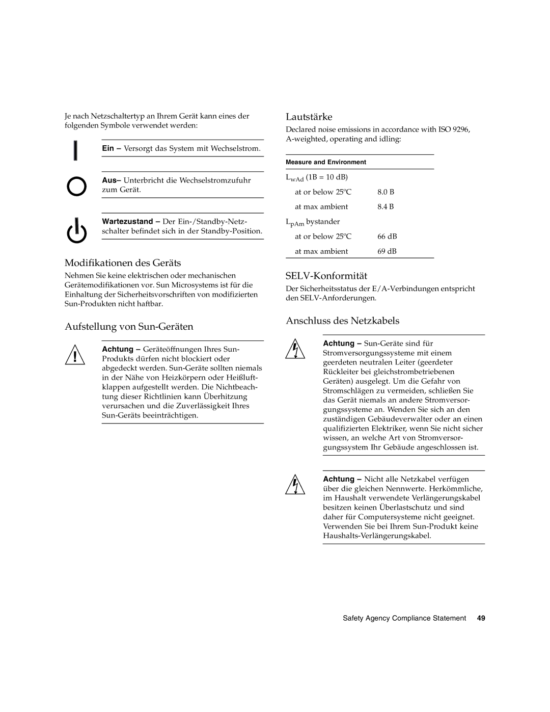 Sun Microsystems PCI-X manual Modifikationen des Geräts, Aufstellung von Sun-Geräten, Lautstärke, SELV-Konformität 