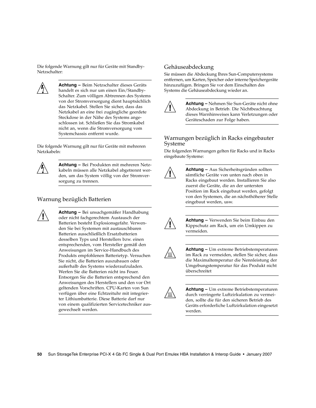 Sun Microsystems PCI-X Warnung bezüglich Batterien, Gehäuseabdeckung, Warnungen bezüglich in Racks eingebauter Systeme 