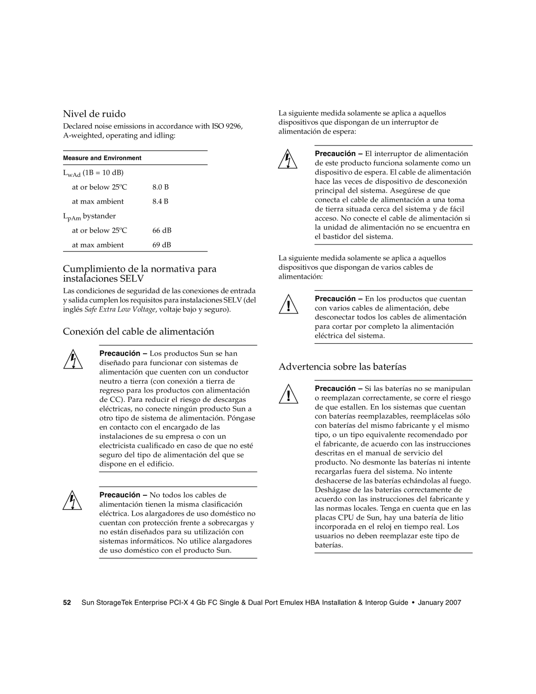 Sun Microsystems PCI-X manual Nivel de ruido, Cumplimiento de la normativa para instalaciones Selv 