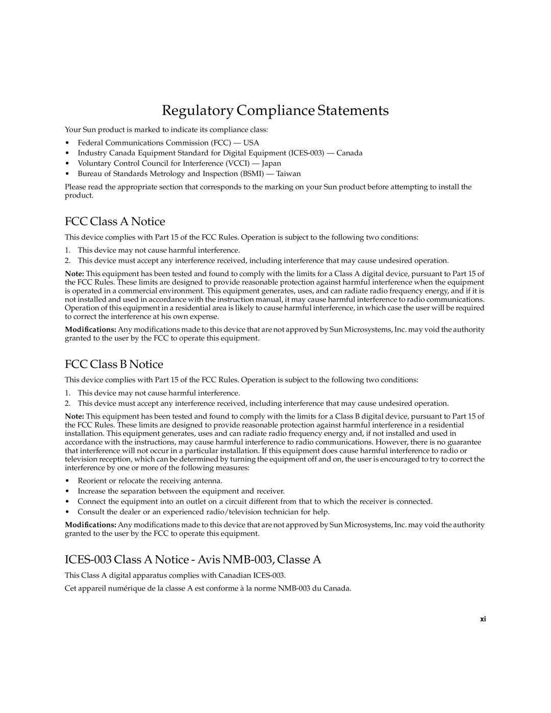 Sun Microsystems PCI manual Regulatory Compliance Statements, FCC Class A Notice, FCC Class B Notice 