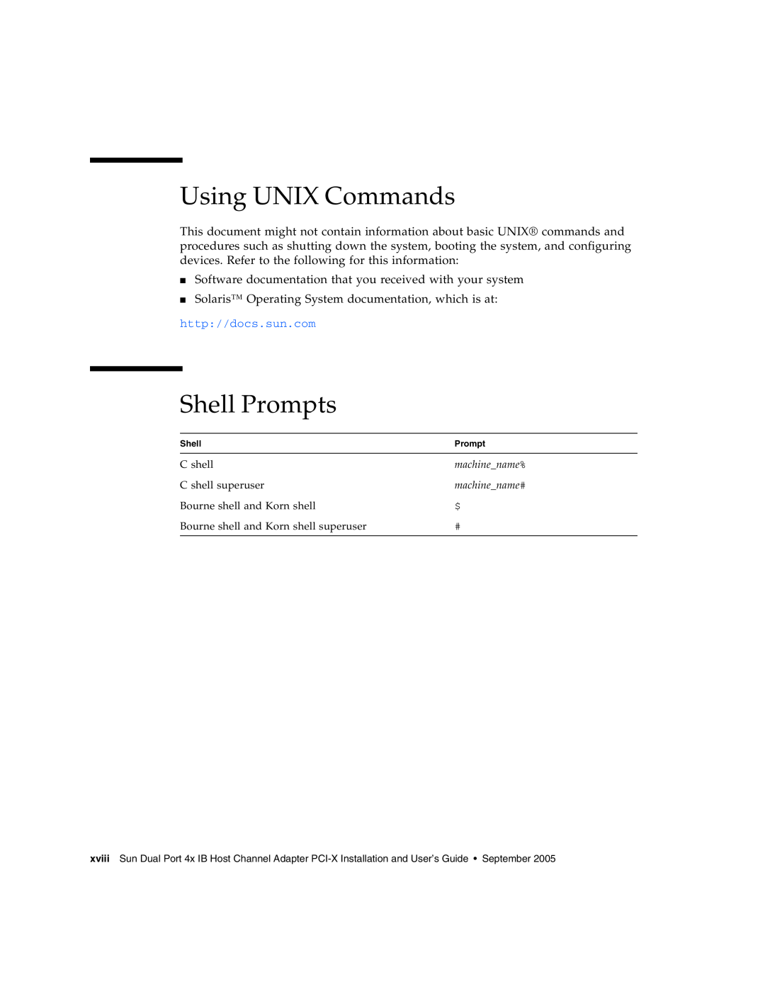 Sun Microsystems PCI manual Using UNIX Commands, Shell Prompts, http//docs.sun.com 