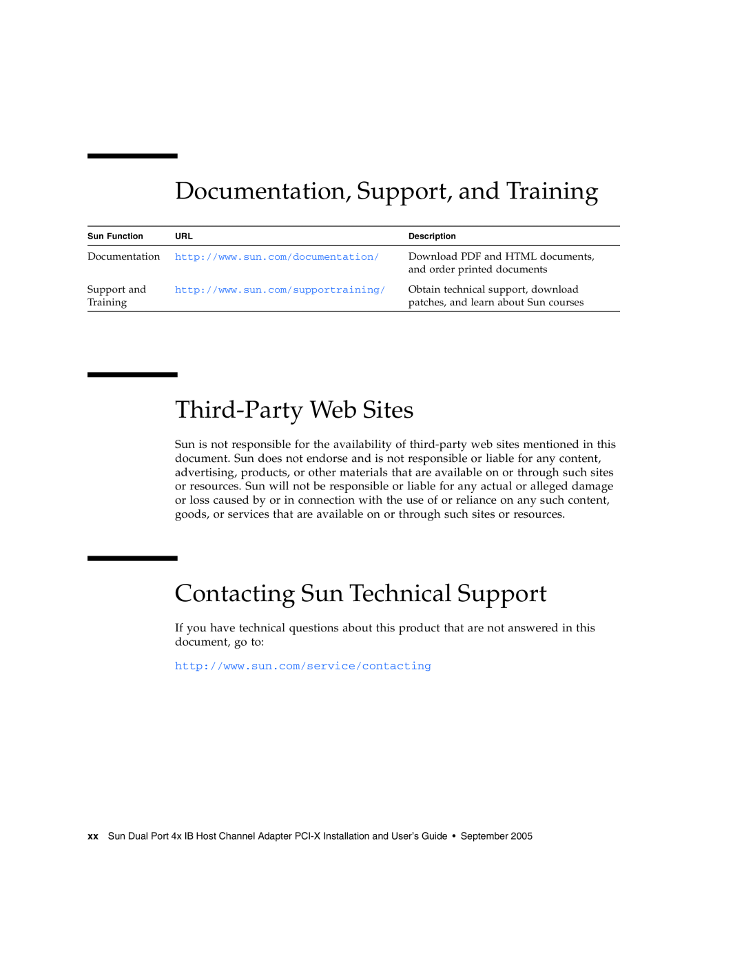Sun Microsystems PCI manual Documentation, Support, and Training, Third-Party Web Sites, Contacting Sun Technical Support 