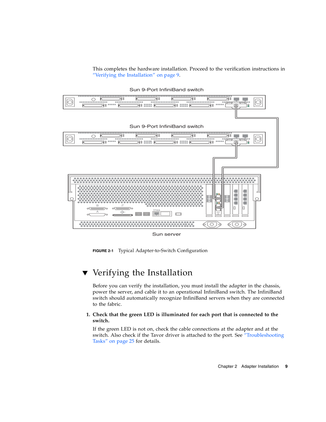 Sun Microsystems PCI manual Verifying the Installation, 1 Typical Adapter-to-Switch Configuration 