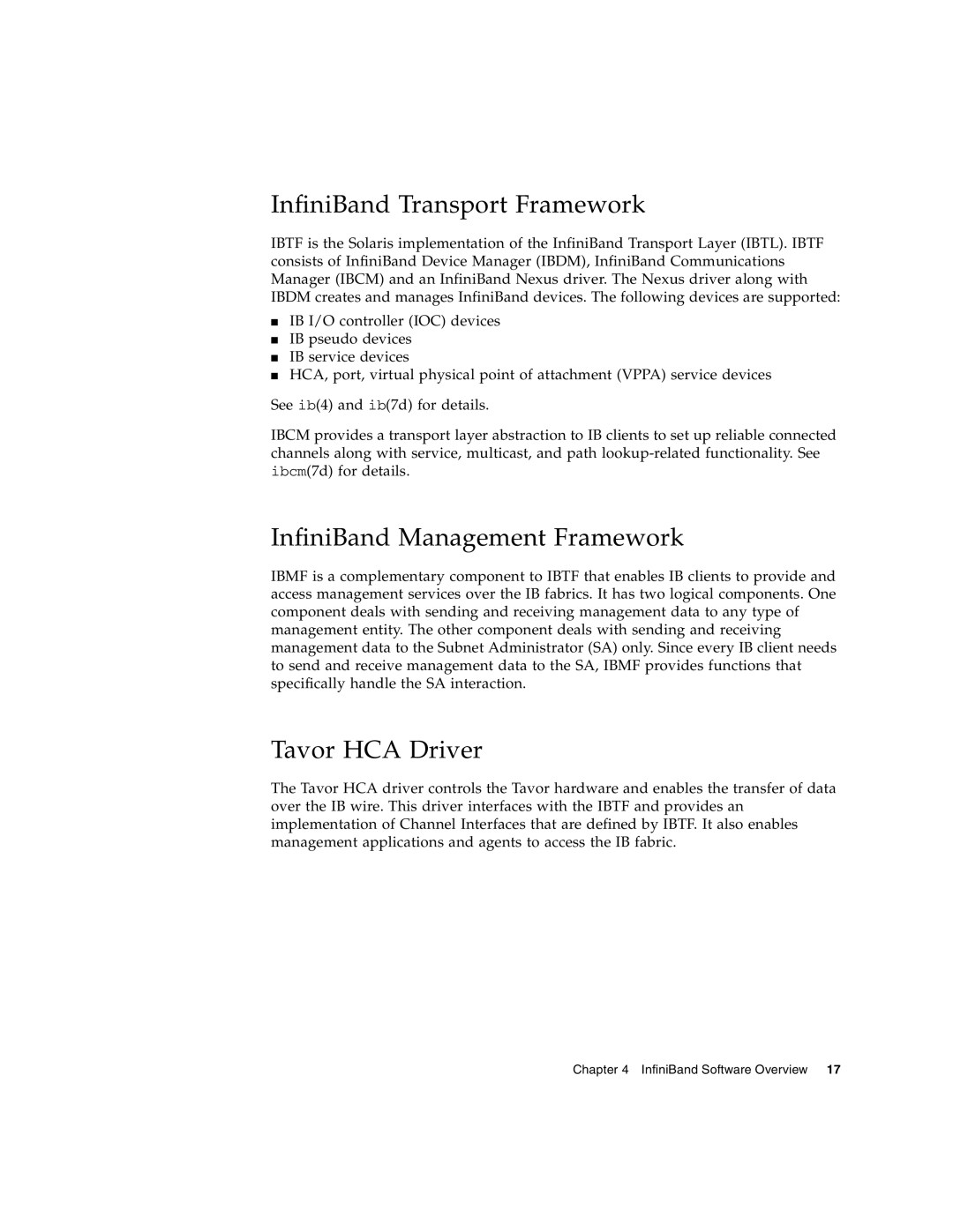 Sun Microsystems PCI manual InfiniBand Transport Framework, InfiniBand Management Framework, Tavor HCA Driver 