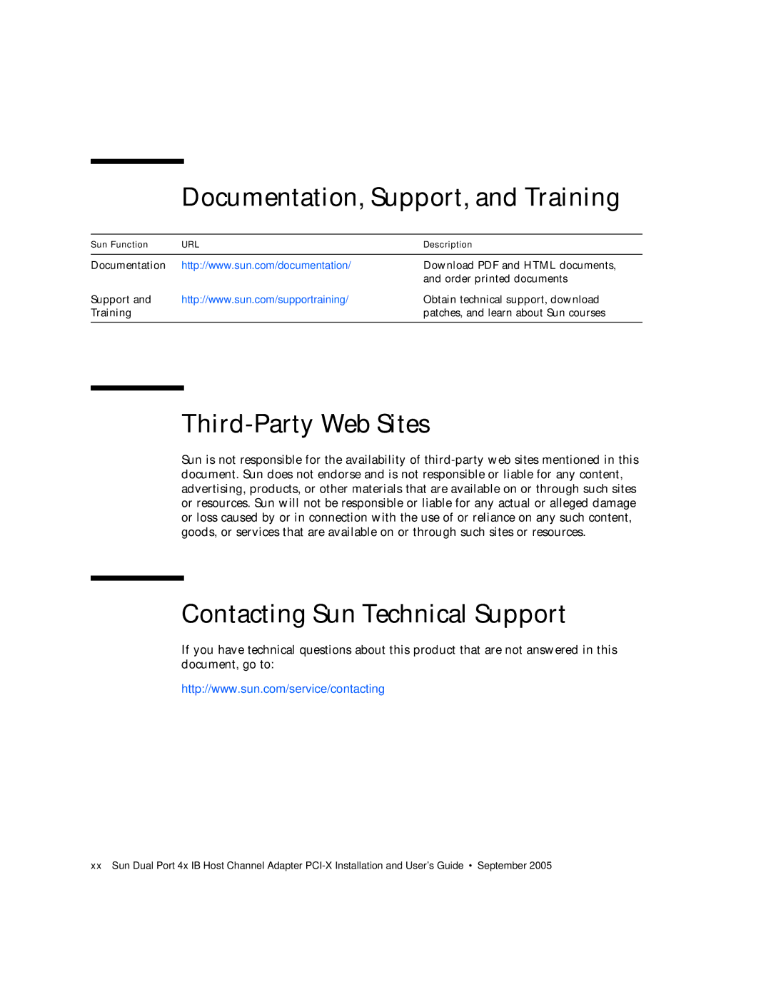 Sun Microsystems PCI manual Documentation, Support, and Training, Third-Party Web Sites, Contacting Sun Technical Support 