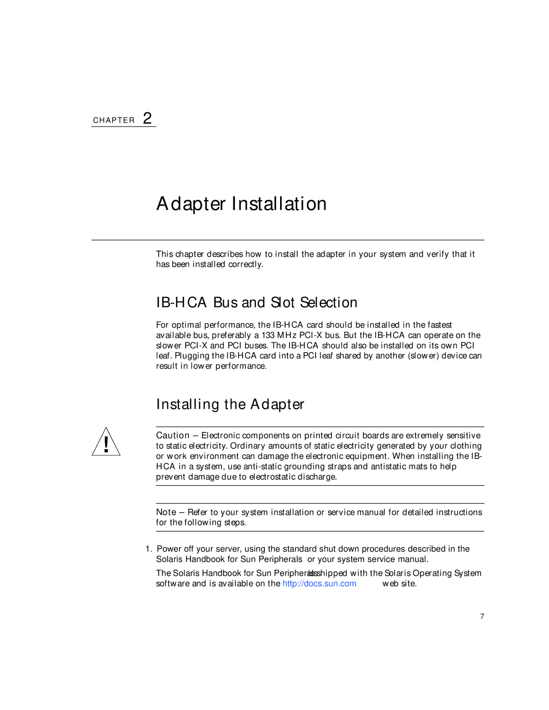 Sun Microsystems PCI manual Adapter Installation, IB-HCA Bus and Slot Selection, Installing the Adapter 