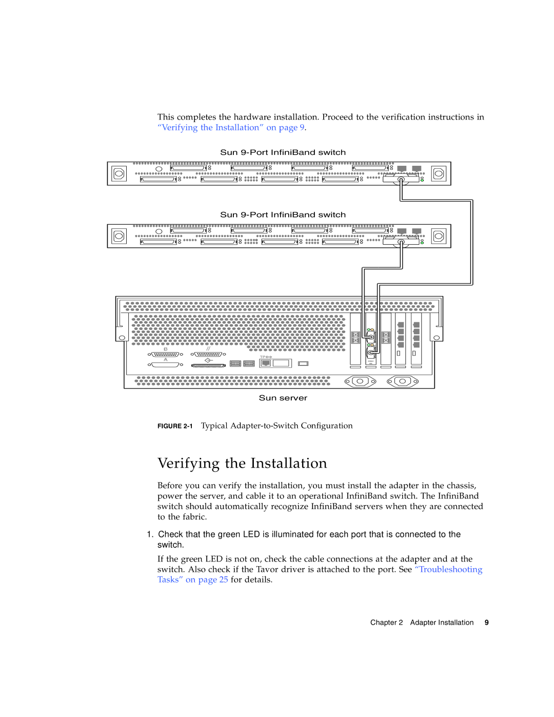 Sun Microsystems PCI manual Verifying the Installation, 1Typical Adapter-to-Switch Configuration 