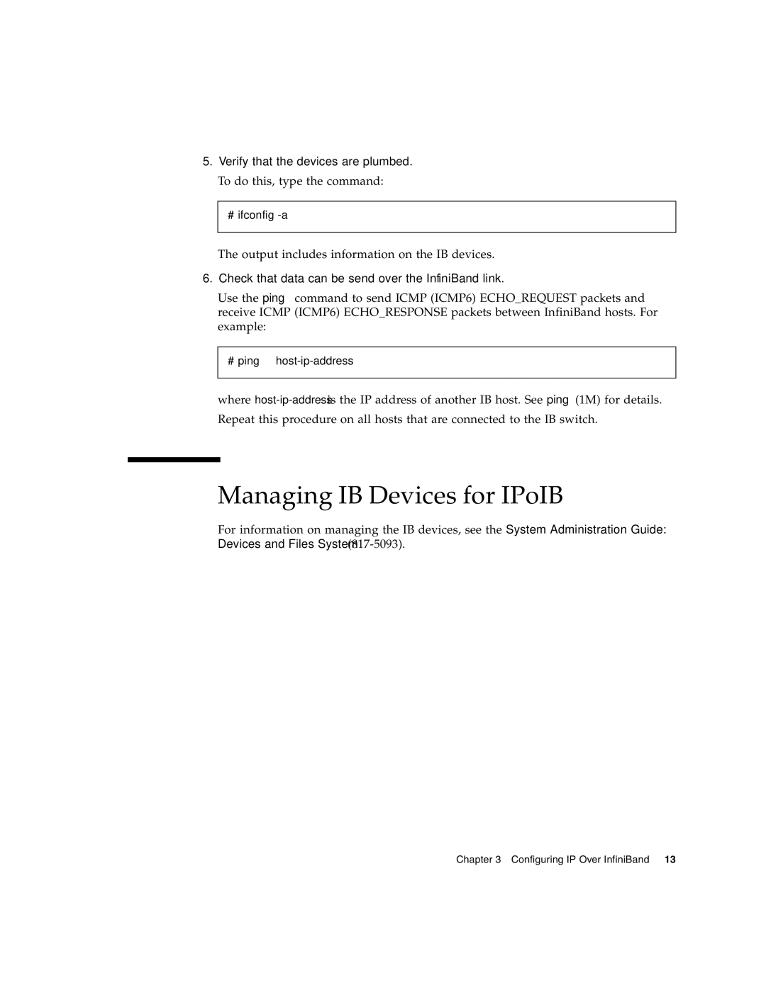 Sun Microsystems PCI manual Managing IB Devices for IPoIB, Check that data can be send over the InfiniBand link 