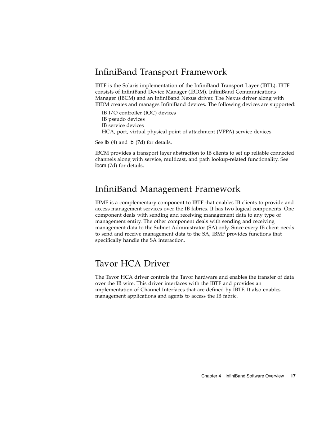 Sun Microsystems PCI manual InfiniBand Transport Framework, InfiniBand Management Framework, Tavor HCA Driver 