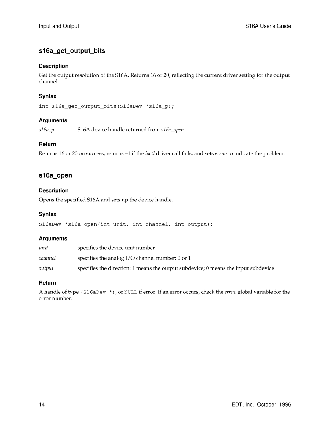 Sun Microsystems S16A manual S16agetoutputbits, S16aopen 