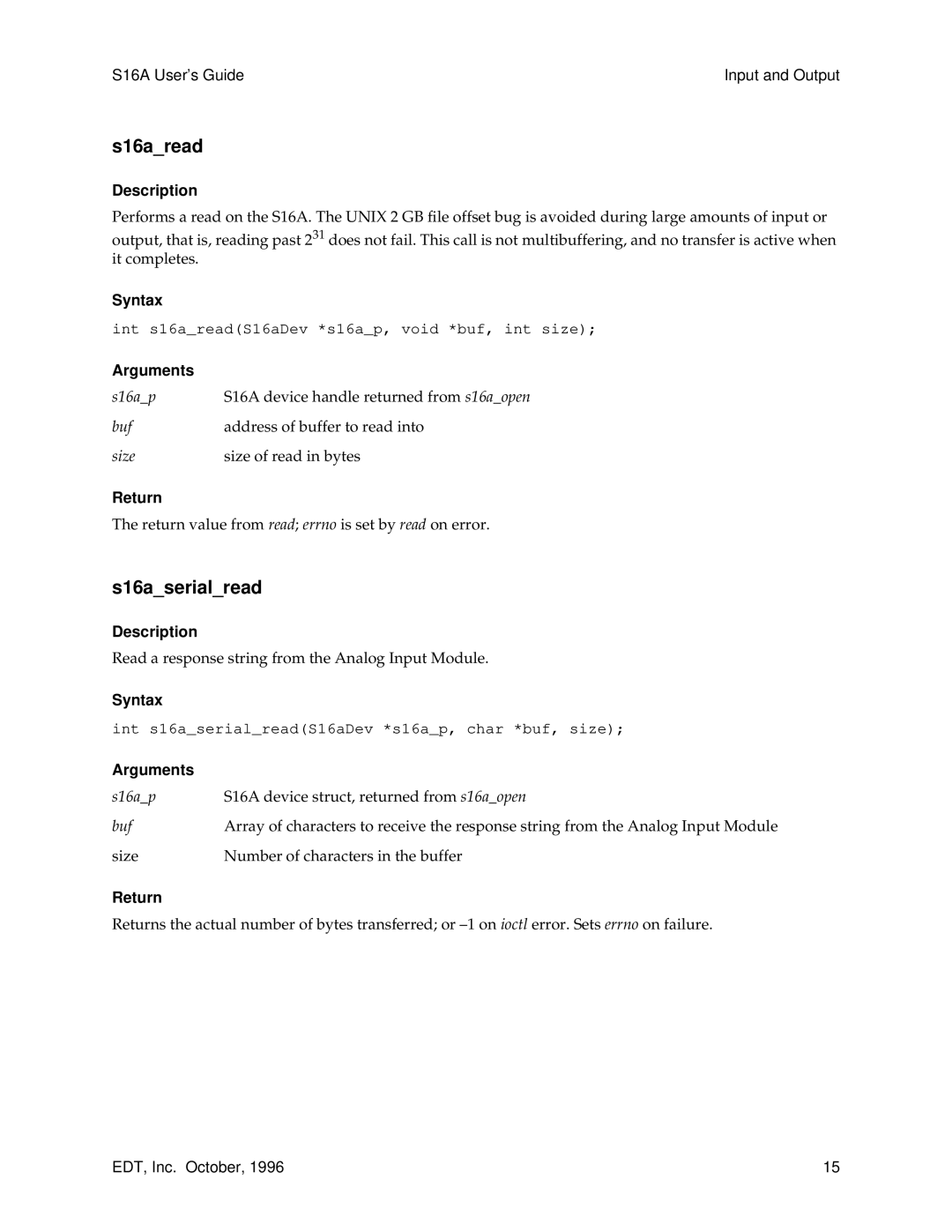 Sun Microsystems S16A manual S16aread, S16aserialread 