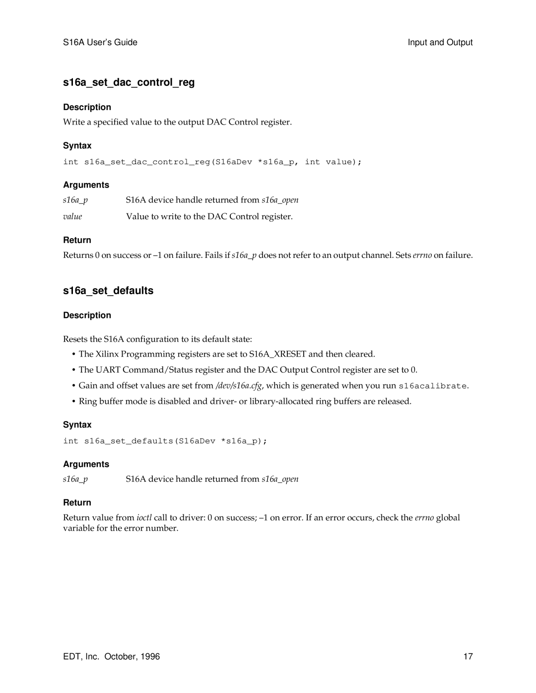 Sun Microsystems S16A manual S16asetdaccontrolreg, S16asetdefaults 