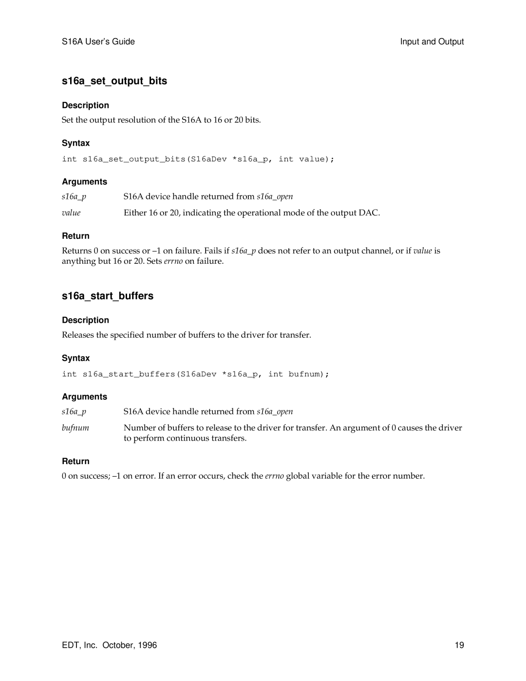 Sun Microsystems S16A manual S16asetoutputbits, S16astartbuffers 