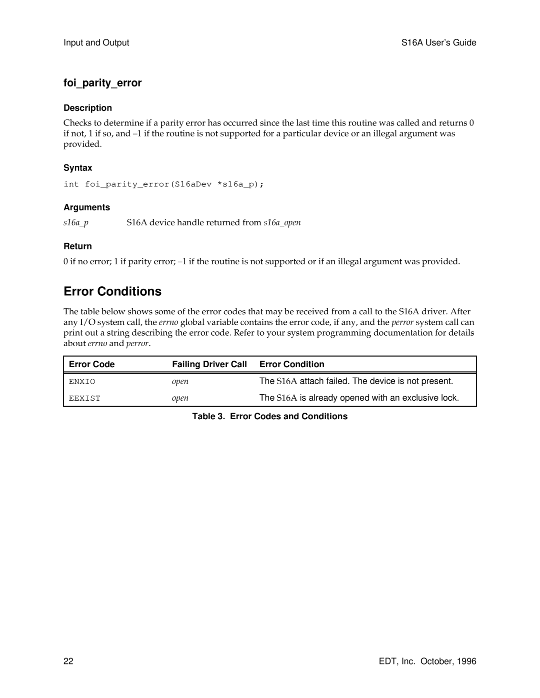 Sun Microsystems S16A manual Error Conditions, Foiparityerror, Error Codes and Conditions 