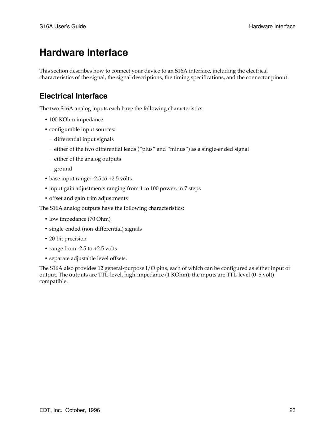 Sun Microsystems S16A manual Hardware Interface, Electrical Interface 