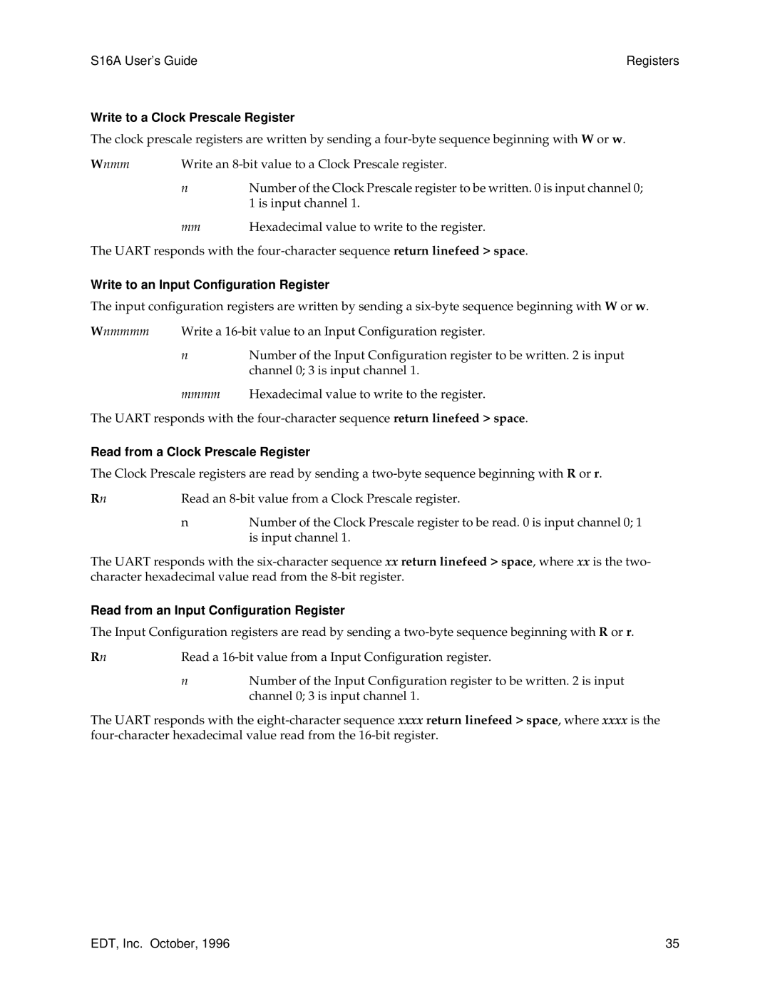 Sun Microsystems S16A manual Write to a Clock Prescale Register, Write to an Input Configuration Register 