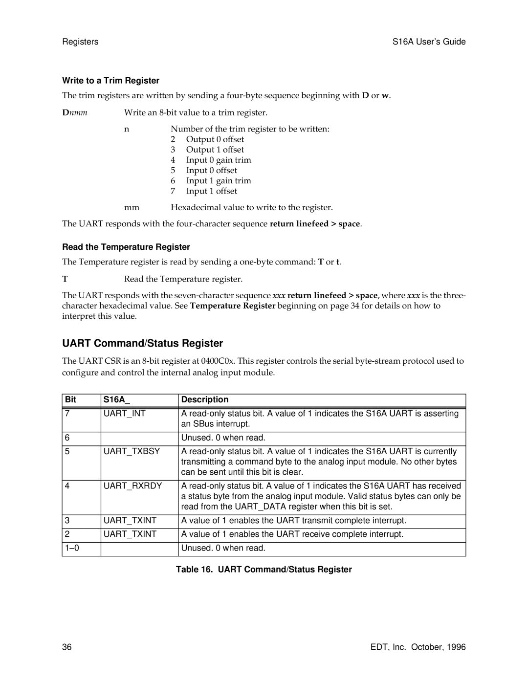 Sun Microsystems S16A manual Uart Command/Status Register, Write to a Trim Register, Read the Temperature Register 