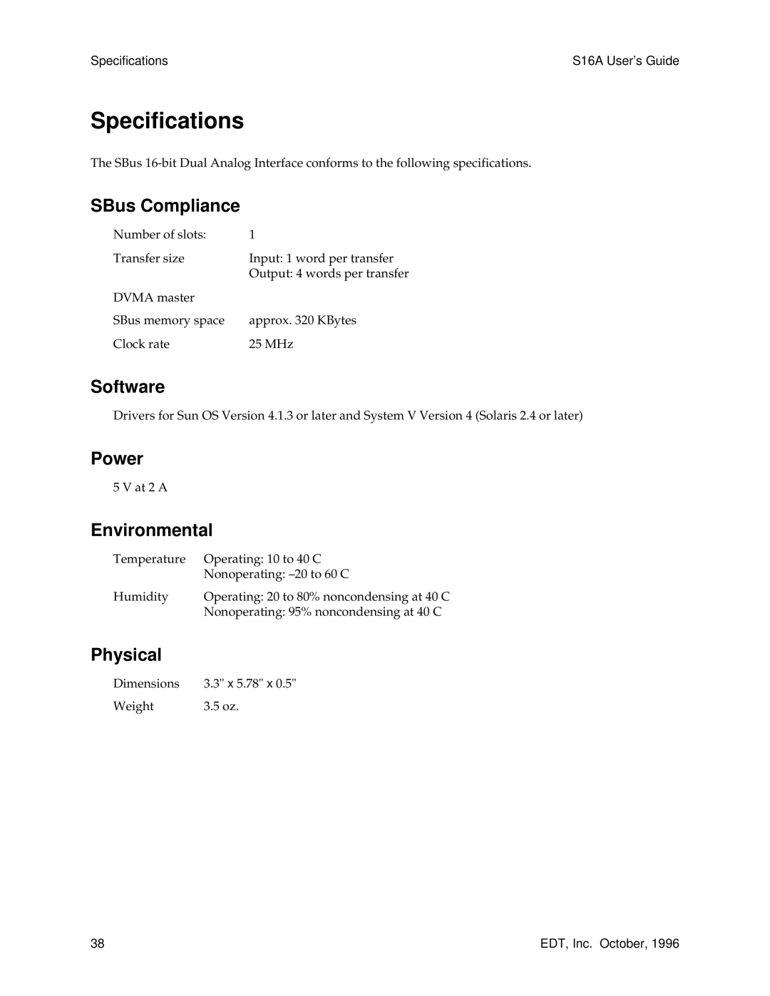 Sun Microsystems S16A manual Specifications 