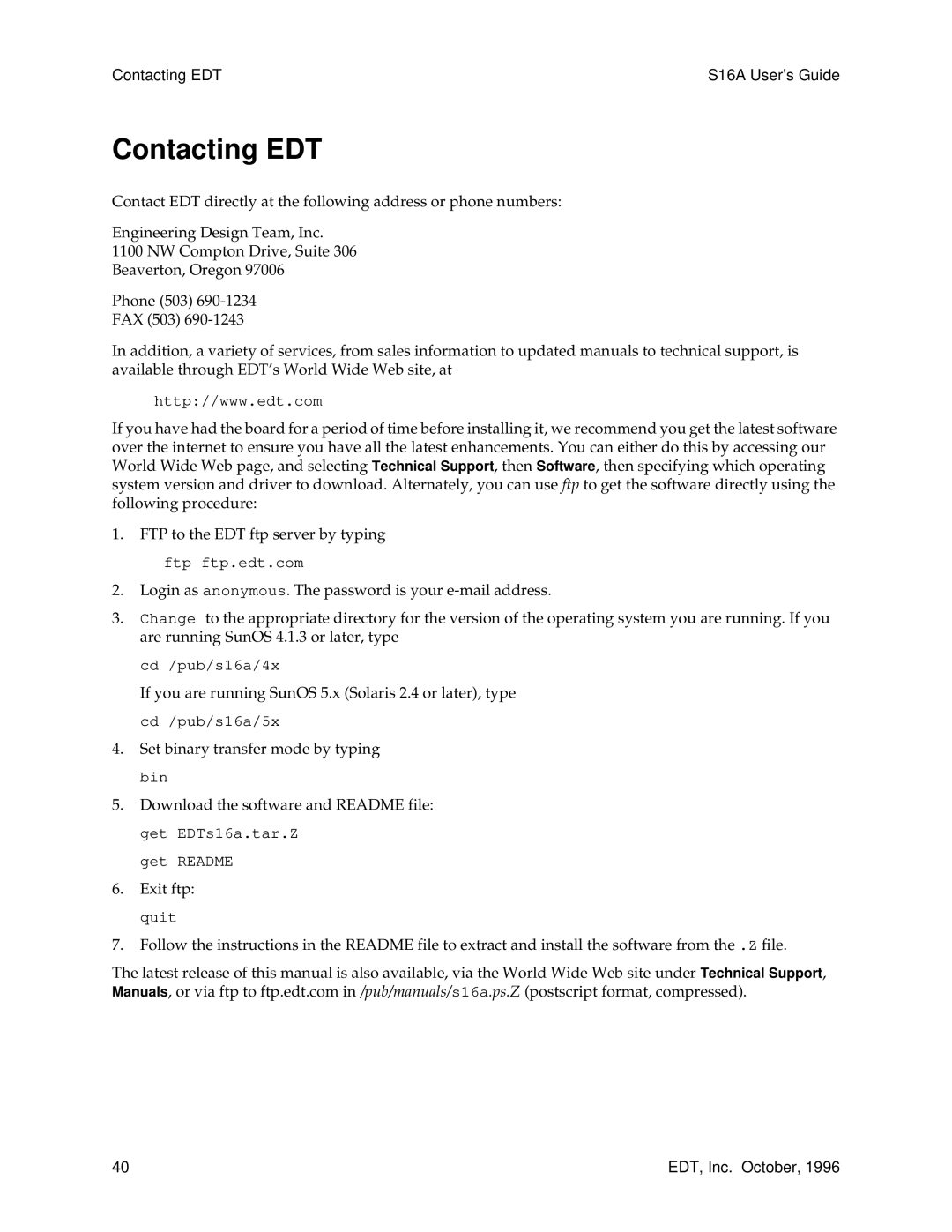 Sun Microsystems S16A manual Contacting EDT 